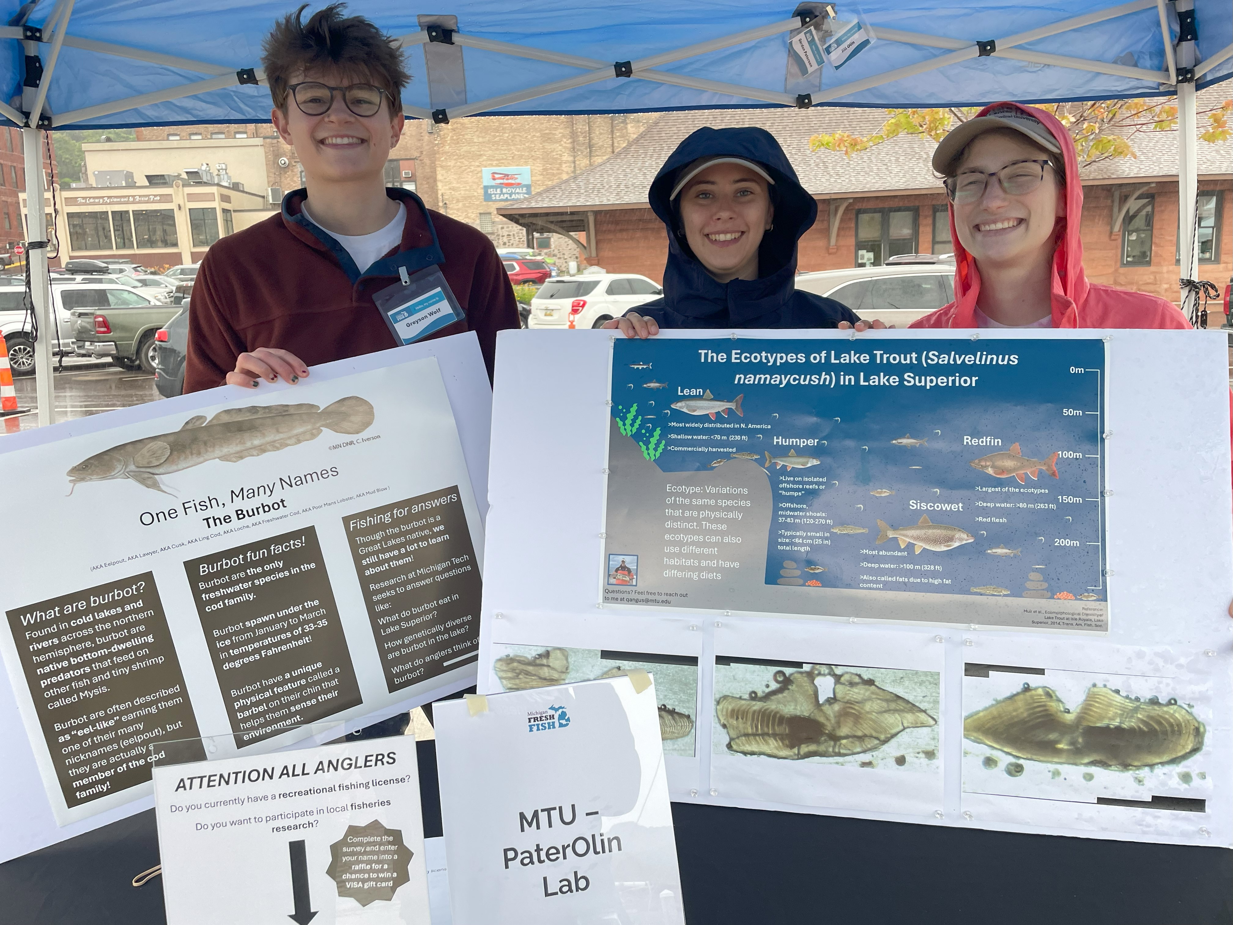 Graduate students from MTU&rsquo;s PaterOlin lab show posters of their research on Lake Superior fishes.